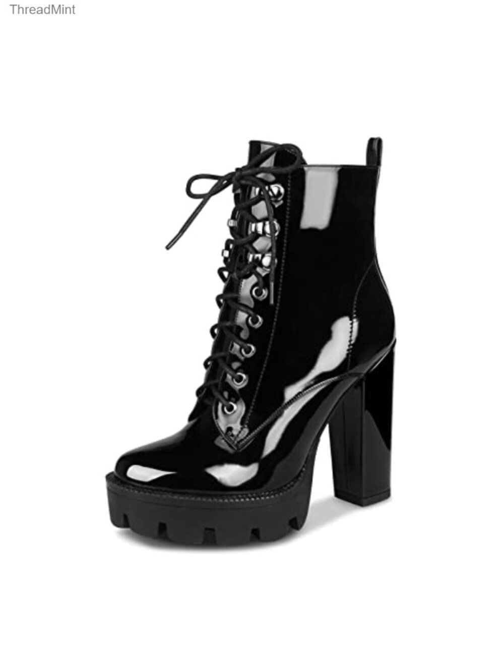 Platform Round Toe Lace Up High Heel Combat Boots Patent Leather